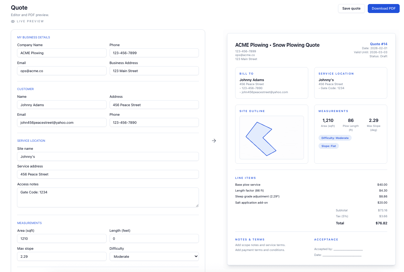 Quote builder screen